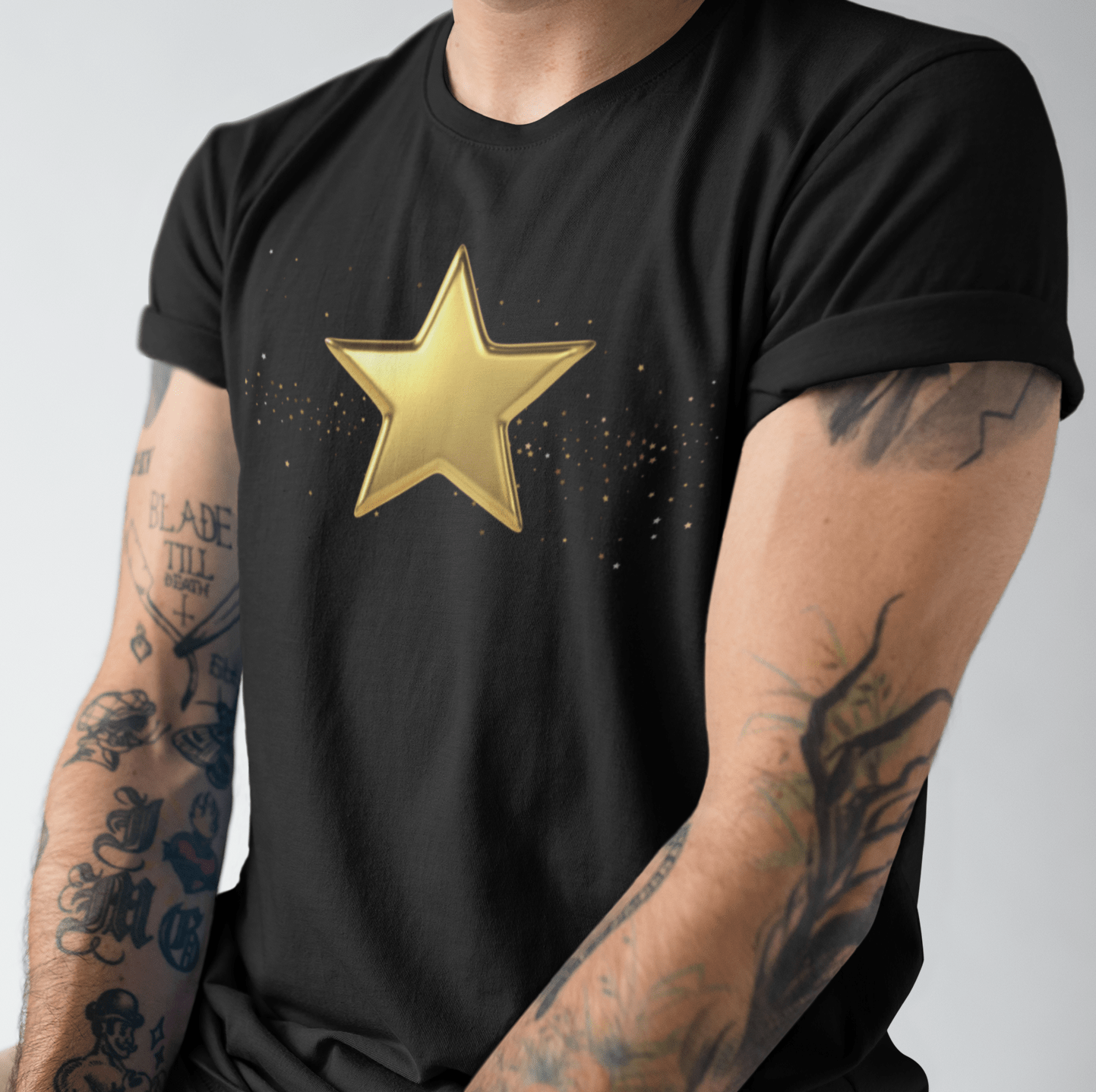 Essential Shiny Golden Star T-Shirt – ROCK FORSBERG Essential Shiny Golden Star T-Shirt – ROCK FORSBERG